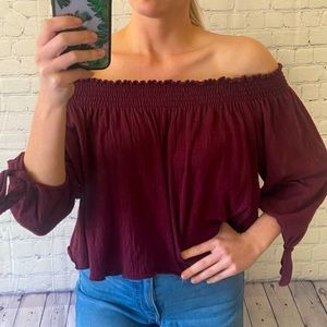 We the Free off the shoulder red flowing blouse with ties for the sleeves